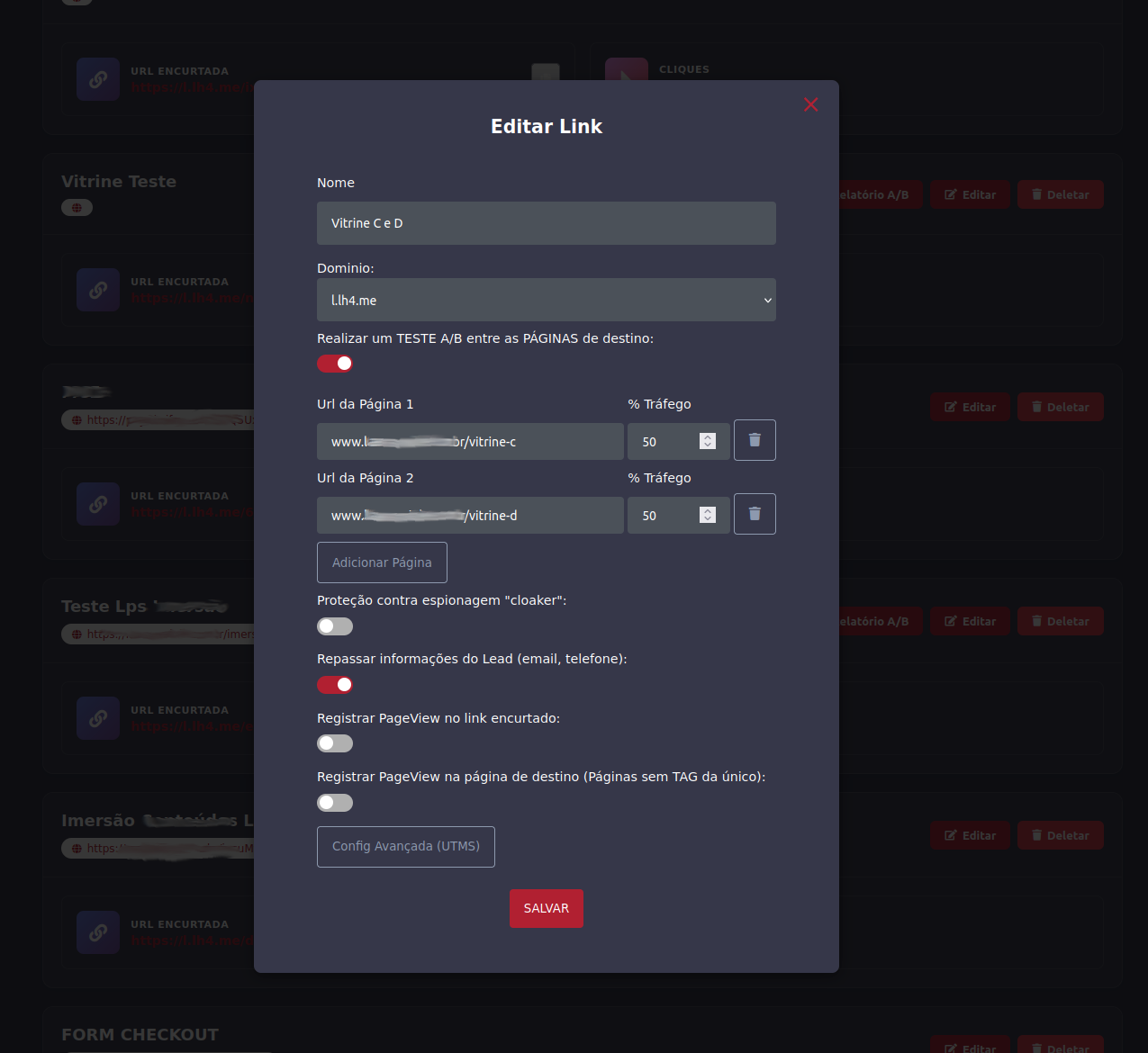 Configuração de teste A/B em link encurtado